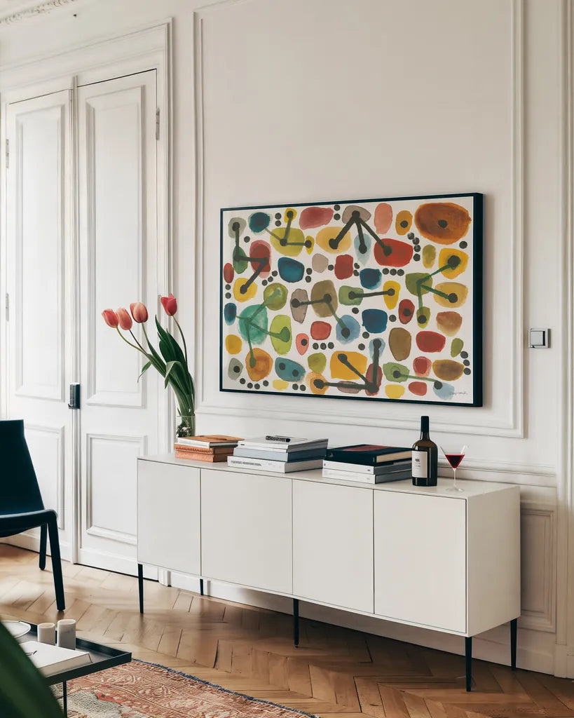 Mid Century I by Cheryl Warrick. shown as a framed stretched canvas in a living room above a console. Available as a archival giclee rolled canvas, fine art paper, or poster print. SKU 22753i.