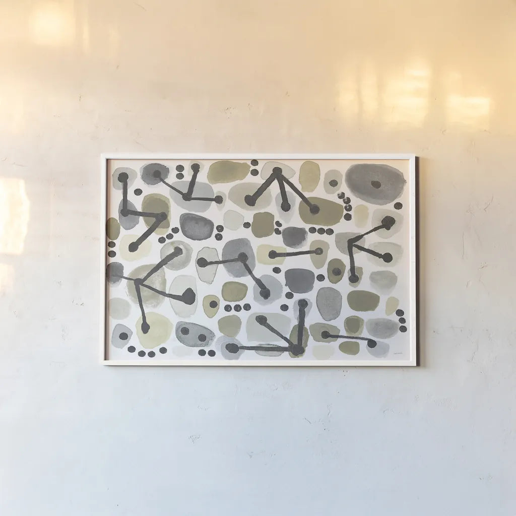 Mid Century I Achroma by Cheryl Warrick. shown as a paper print in a white frame. Available as a archival giclee rolled canvas, fine art paper, or poster print. SKU 30004i.