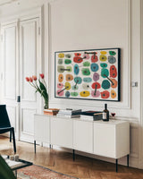 Mid Century II by Cheryl Warrick. shown as a framed stretched canvas in a living room above a console. Available as a archival giclee rolled canvas, fine art paper, or poster print. SKU 22754i.