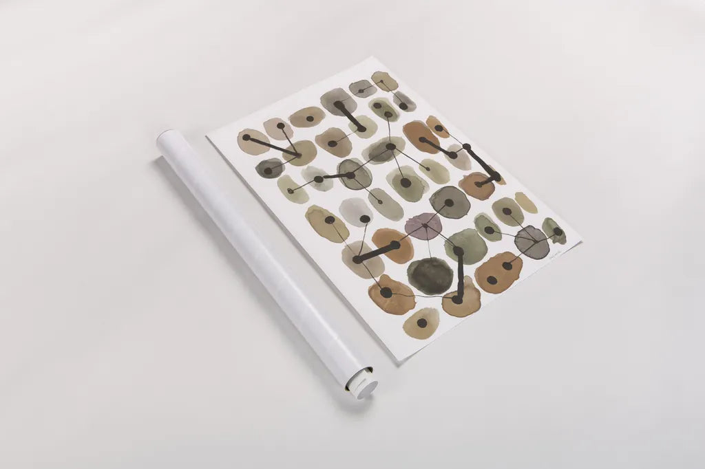 Mid Century II Warm Neutral Vertical by Cheryl Warrick. shown as a rolled paper print. Available as archival giclee rolled canvas, fine art paper, or poster print. SKU 77624h.