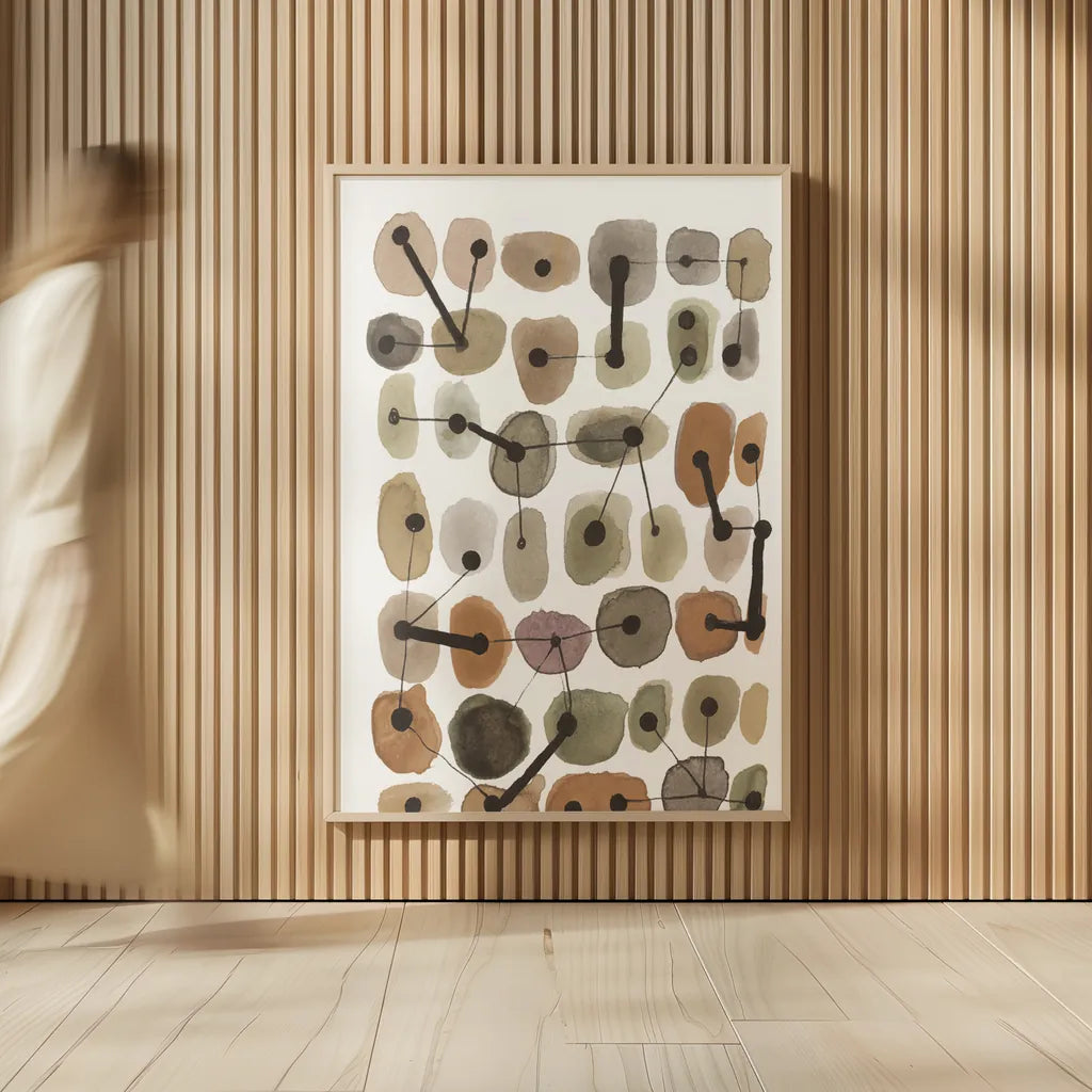Mid Century II Warm Neutral Vertical by Cheryl Warrick. shown as over sized large wall art. Available as an archival giclee rolled canvas, fine art paper, or poster print. SKU 77624h.