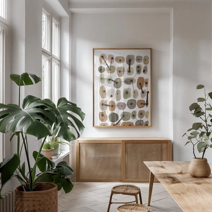Mid Century II Warm Neutral Vertical by Cheryl Warrick. shown as a print in a natural wood frame in a dining room. Available as a archival giclee rolled canvas, fine art paper, or poster print. SKU 77624h.