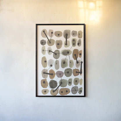 Mid Century II Warm Neutral Vertical by Cheryl Warrick. shown as a paper print in a black flame. Available as a archival giclee rolled canvas, fine art paper, or poster print. SKU 77624h.