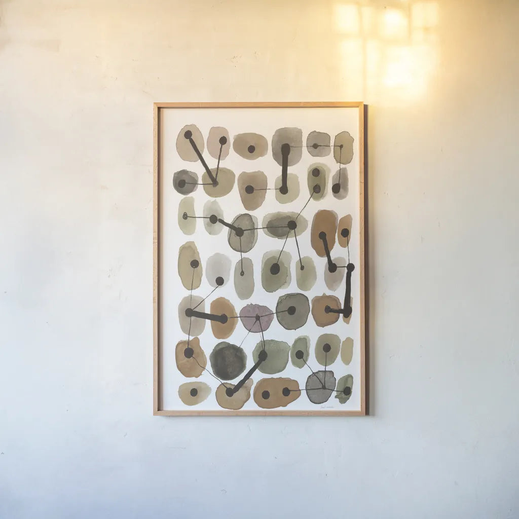 Mid Century II Warm Neutral Vertical by Cheryl Warrick. shown as a paper print in a natural frame. Available as a archival giclee rolled canvas, fine art paper, or poster print. SKU 77624h.