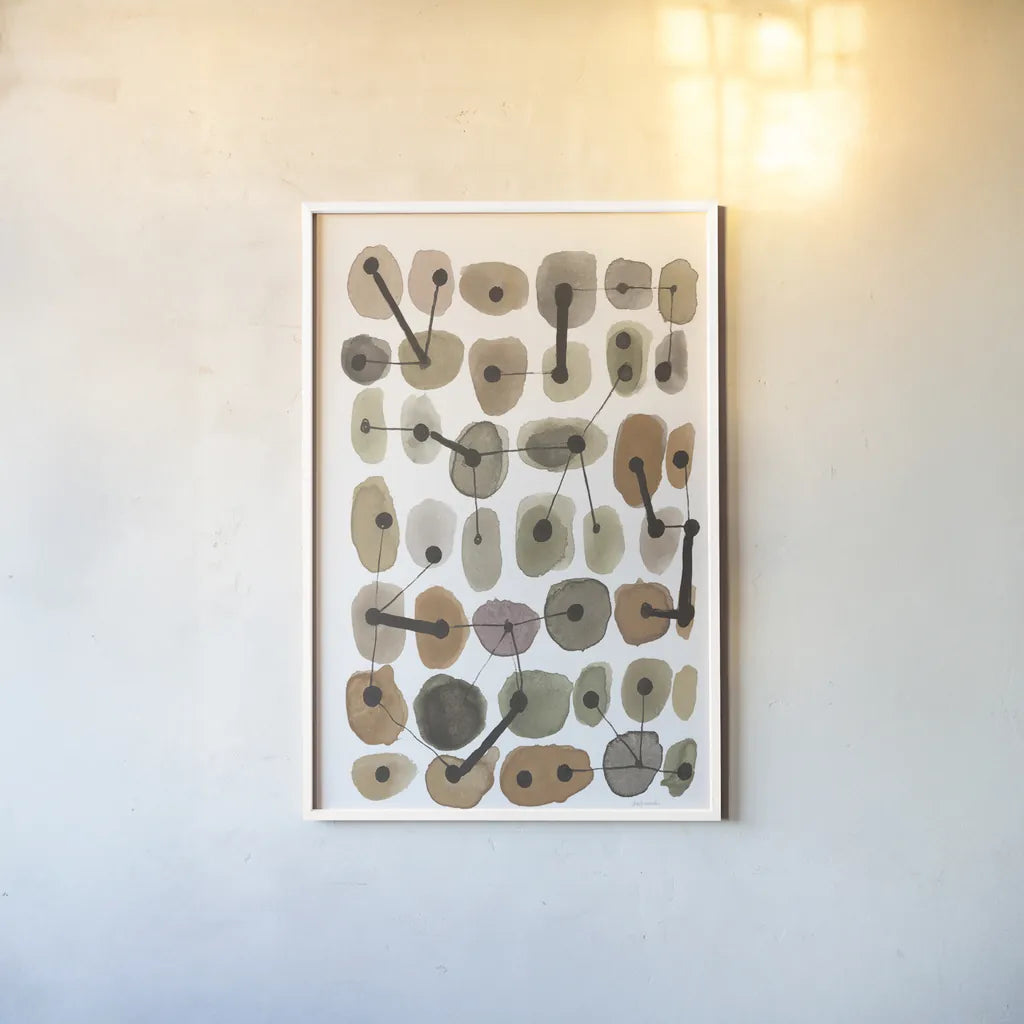 Mid Century II Warm Neutral Vertical by Cheryl Warrick. shown as a paper print in a white frame. Available as a archival giclee rolled canvas, fine art paper, or poster print. SKU 77624h.