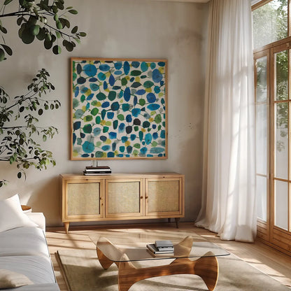 Mid Century III Crop by Cheryl Warrick. Shown in a natural wood frame in a cozy modern living room. Available as an archival giclee rolled canvas, fine art paper, or poster print. SKU 18393a.