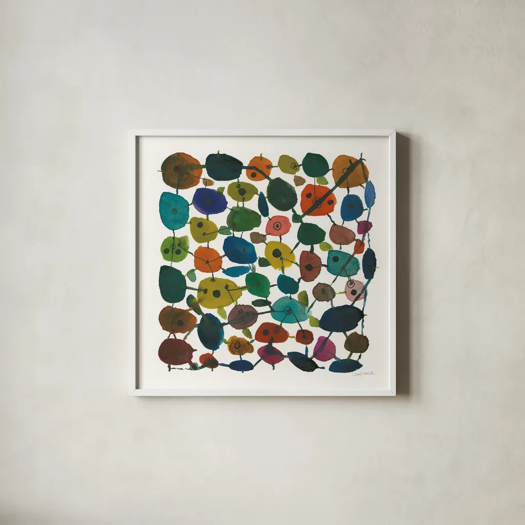 Mid Century IV by Cheryl Warrick. Shown in a crisp white glass frame for a clean and minimalist style. Available as an archival giclee rolled canvas, fine art paper, or poster print. SKU 22755a.