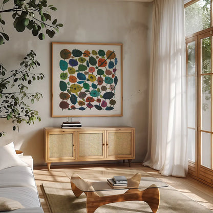 Mid Century IV by Cheryl Warrick. Shown in a natural wood frame in a cozy modern living room. Available as an archival giclee rolled canvas, fine art paper, or poster print. SKU 22755a.