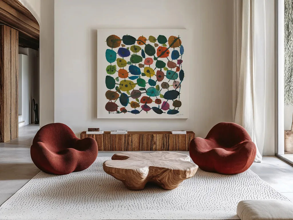 Mid Century IV by Cheryl Warrick. Shown as extra-large giant wall art in a modern living room. Available as an archival giclee rolled canvas, fine art paper, or poster print. SKU 22755a.