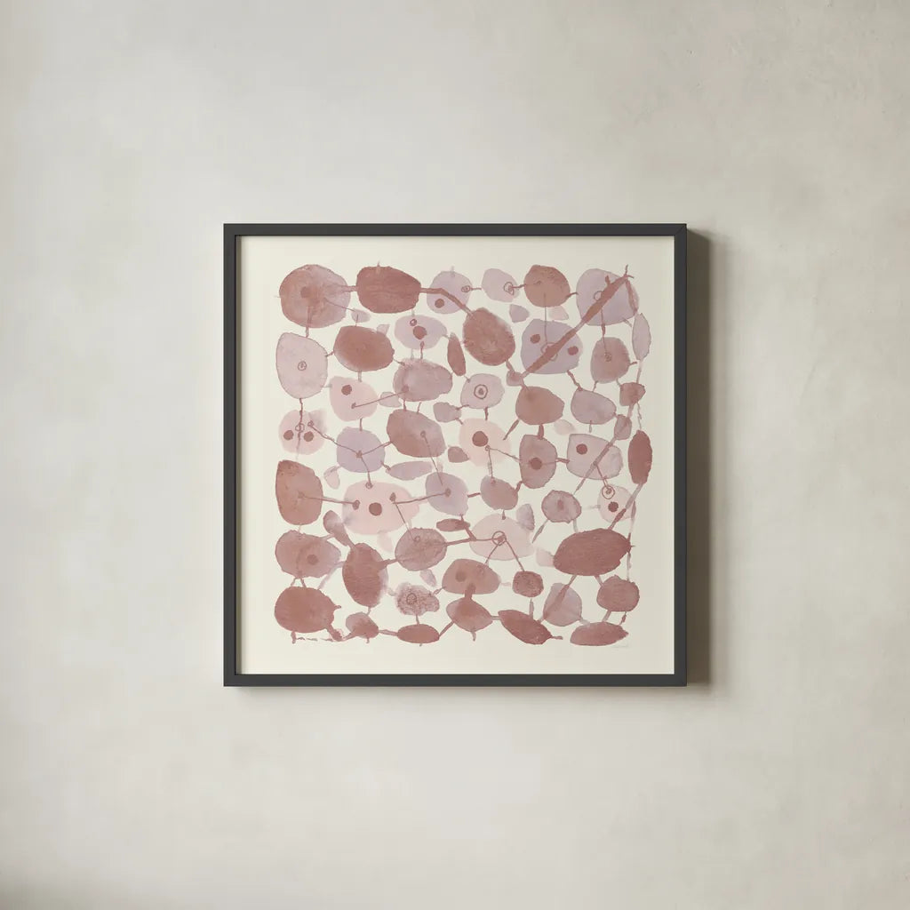 Mid Century IV Blush by Cheryl Warrick. Shown in a sleek black glass frame for a contemporary gallery look. Available as an archival giclee rolled canvas, fine art paper, or poster print. SKU 42741a.