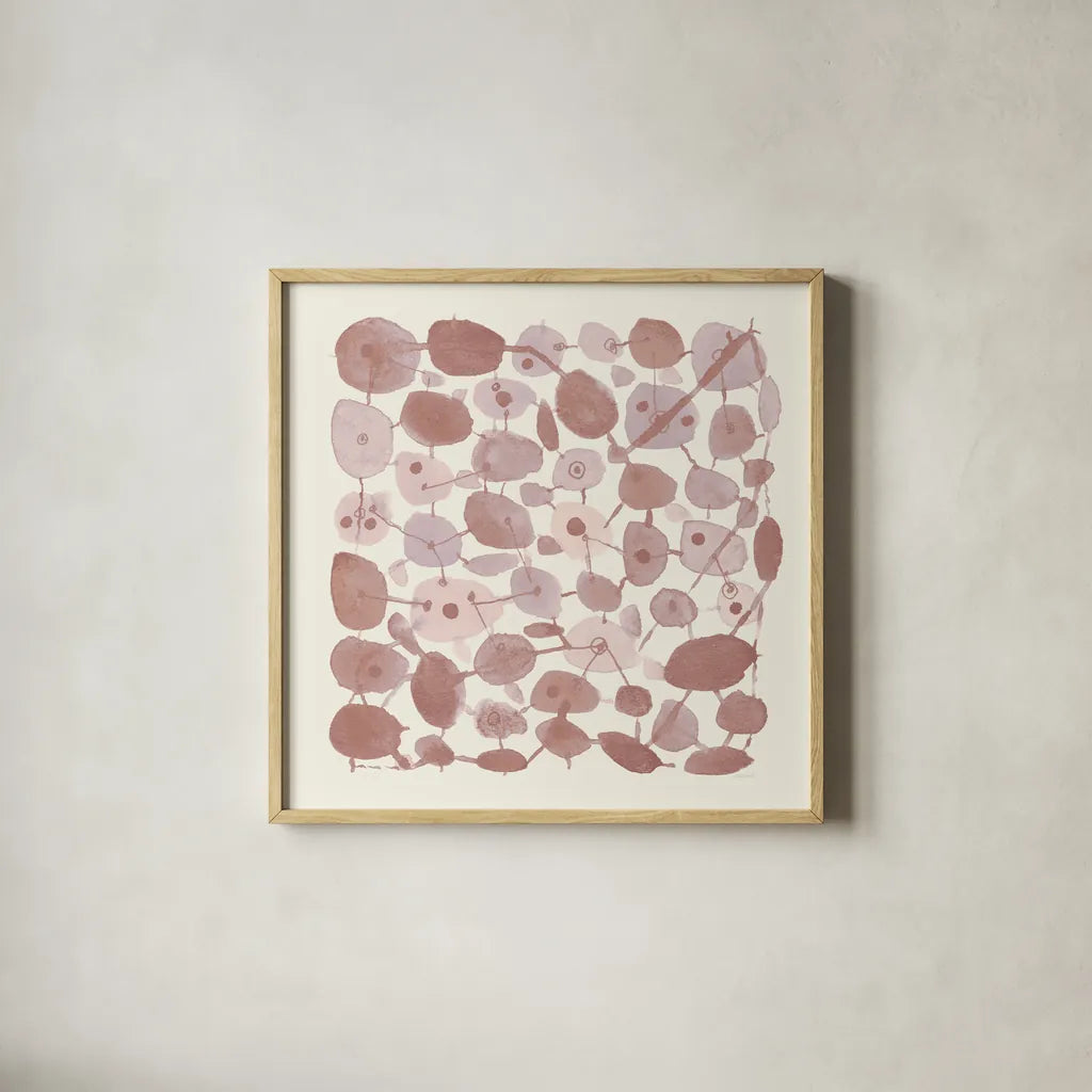 Mid Century IV Blush by Cheryl Warrick. Shown in a natural wood glass frame for a timeless modern aesthetic. Available as an archival giclee rolled canvas, fine art paper, or poster print. SKU 42741a.