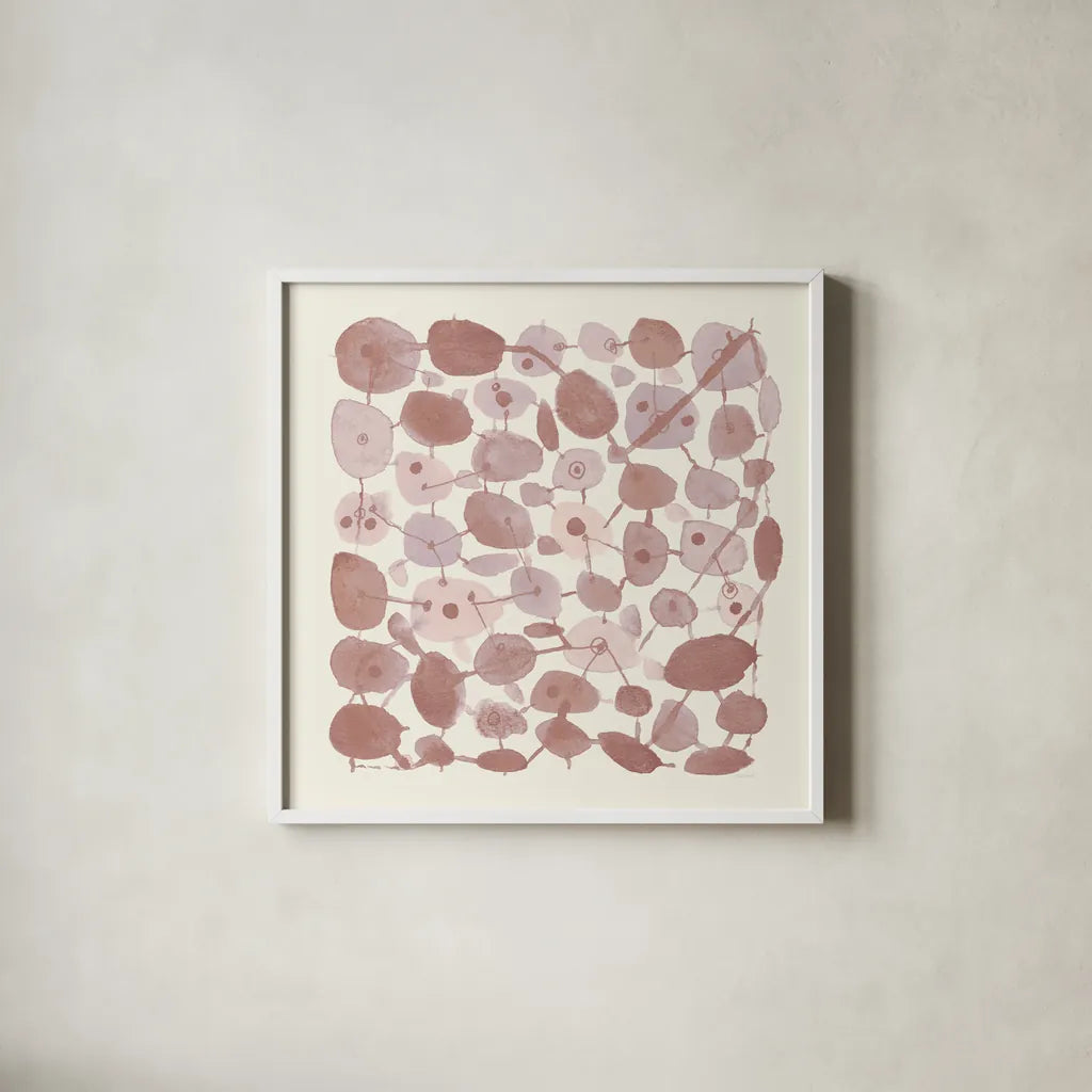 Mid Century IV Blush by Cheryl Warrick. Shown in a crisp white glass frame for a clean and minimalist style. Available as an archival giclee rolled canvas, fine art paper, or poster print. SKU 42741a.