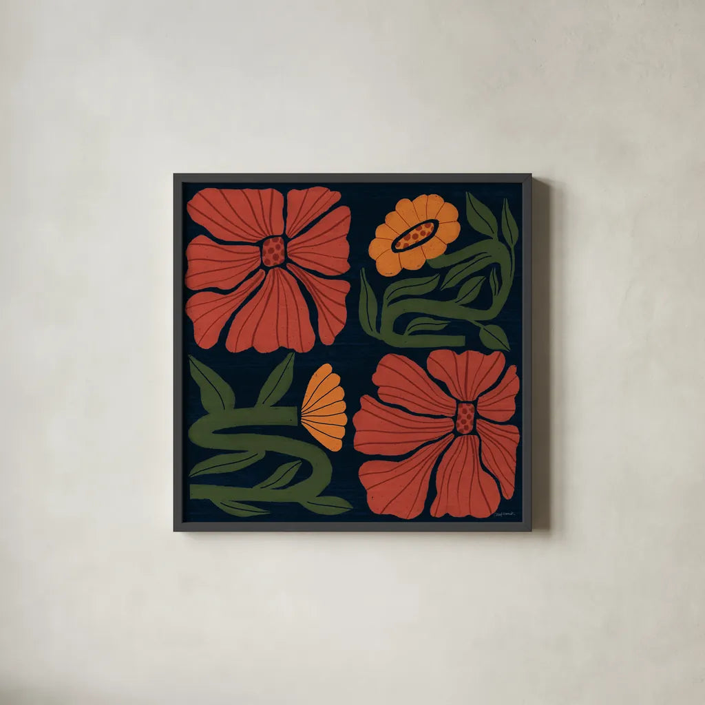 Modern Blooms I by Cheryl Warrick. Shown in a sleek black glass frame for a contemporary gallery look. Available as an archival giclee rolled canvas, fine art paper, or poster print. SKU 102948a.