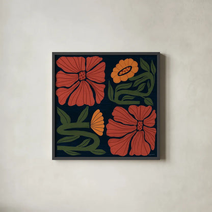 Modern Blooms I by Cheryl Warrick. Shown in a sleek black glass frame for a contemporary gallery look. Available as an archival giclee rolled canvas, fine art paper, or poster print. SKU 102948a.