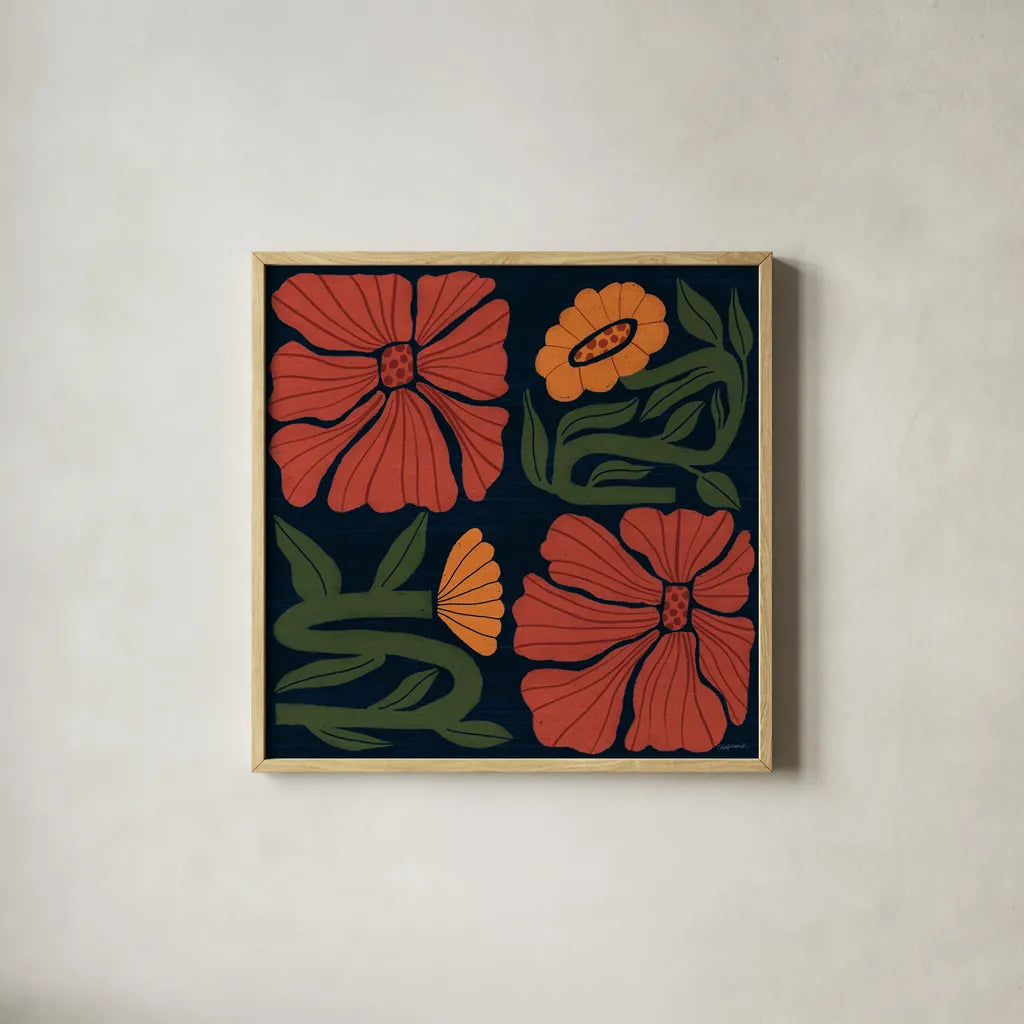 Modern Blooms I by Cheryl Warrick. Shown in a natural wood glass frame for a timeless modern aesthetic. Available as an archival giclee rolled canvas, fine art paper, or poster print. SKU 102948a.