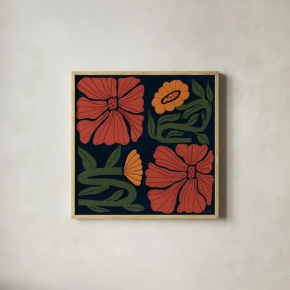 Modern Blooms I by Cheryl Warrick. Shown in a natural wood glass frame for a timeless modern aesthetic. Available as an archival giclee rolled canvas, fine art paper, or poster print. SKU 102948a.