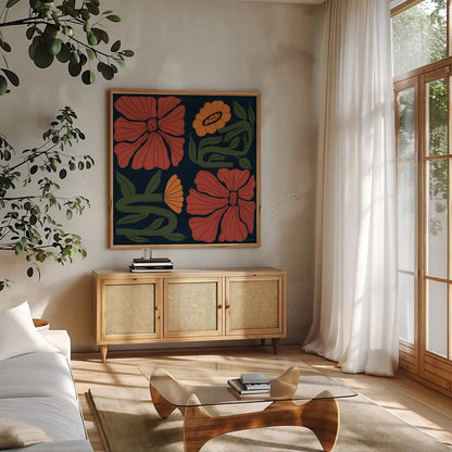 Modern Blooms I by Cheryl Warrick. Shown in a natural wood frame in a cozy modern living room. Available as an archival giclee rolled canvas, fine art paper, or poster print. SKU 102948a.