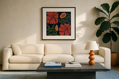 Modern Blooms I by Cheryl Warrick. Displayed in a glass frame with matte in a clean modern living room. Available as an archival giclee rolled canvas, fine art paper, or poster print. SKU 102948a.