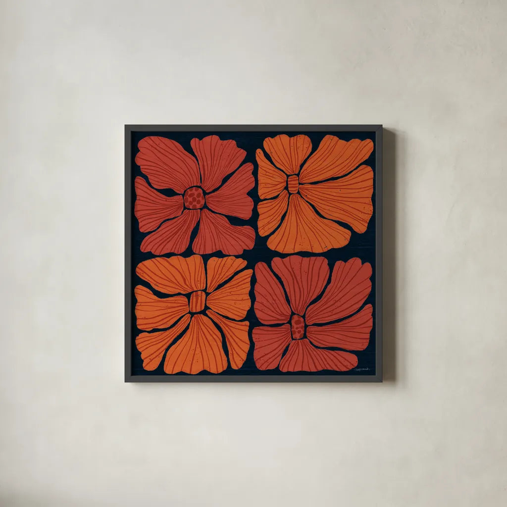 Modern Blooms II by Cheryl Warrick. Shown in a sleek black glass frame for a contemporary gallery look. Available as an archival giclee rolled canvas, fine art paper, or poster print. SKU 102949a.