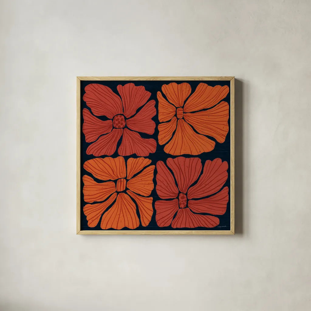 Modern Blooms II by Cheryl Warrick. Shown in a natural wood glass frame for a timeless modern aesthetic. Available as an archival giclee rolled canvas, fine art paper, or poster print. SKU 102949a.