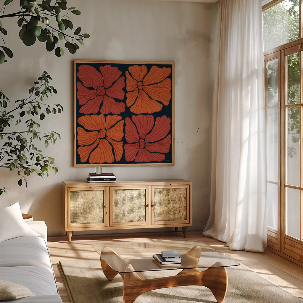 Modern Blooms II by Cheryl Warrick. Shown in a natural wood frame in a cozy modern living room. Available as an archival giclee rolled canvas, fine art paper, or poster print. SKU 102949a.
