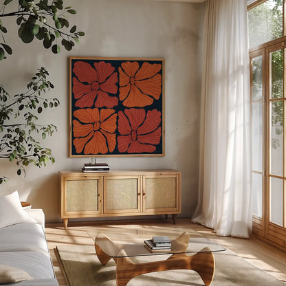 Modern Blooms II by Cheryl Warrick. Shown in a natural wood frame in a cozy modern living room. Available as an archival giclee rolled canvas, fine art paper, or poster print. SKU 102949a.