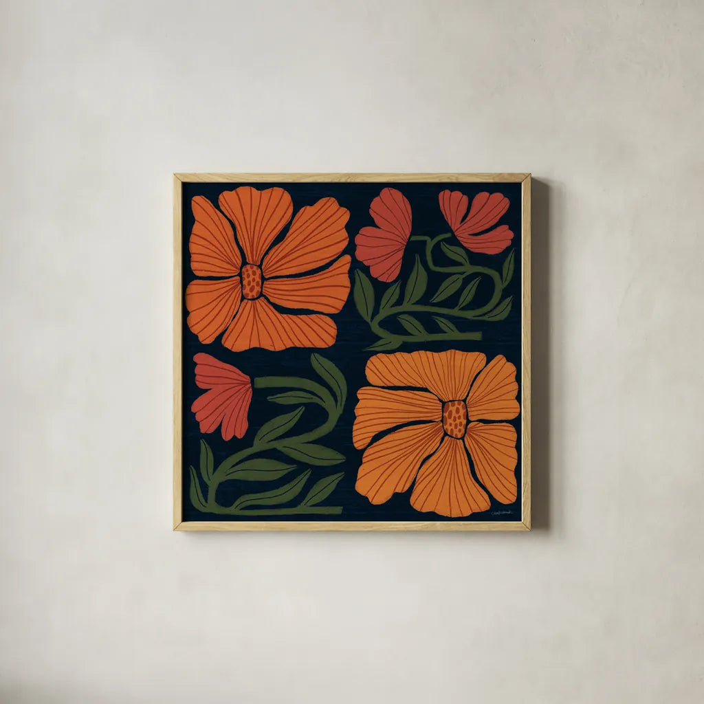 Modern Blooms III by Cheryl Warrick. Shown in a natural wood glass frame for a timeless modern aesthetic. Available as an archival giclee rolled canvas, fine art paper, or poster print. SKU 102950a.