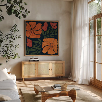 Modern Blooms III by Cheryl Warrick. Shown in a natural wood frame in a cozy modern living room. Available as an archival giclee rolled canvas, fine art paper, or poster print. SKU 102950a.