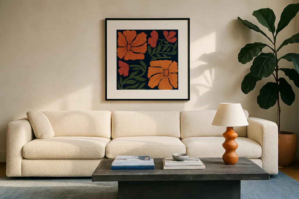Modern Blooms III by Cheryl Warrick. Displayed in a glass frame with matte in a clean modern living room. Available as an archival giclee rolled canvas, fine art paper, or poster print. SKU 102950a.