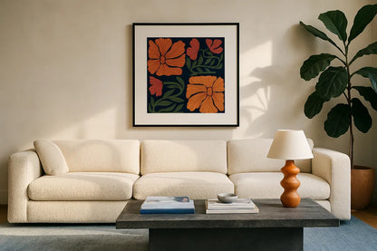 Modern Blooms III by Cheryl Warrick. Displayed in a glass frame with matte in a clean modern living room. Available as an archival giclee rolled canvas, fine art paper, or poster print. SKU 102950a.