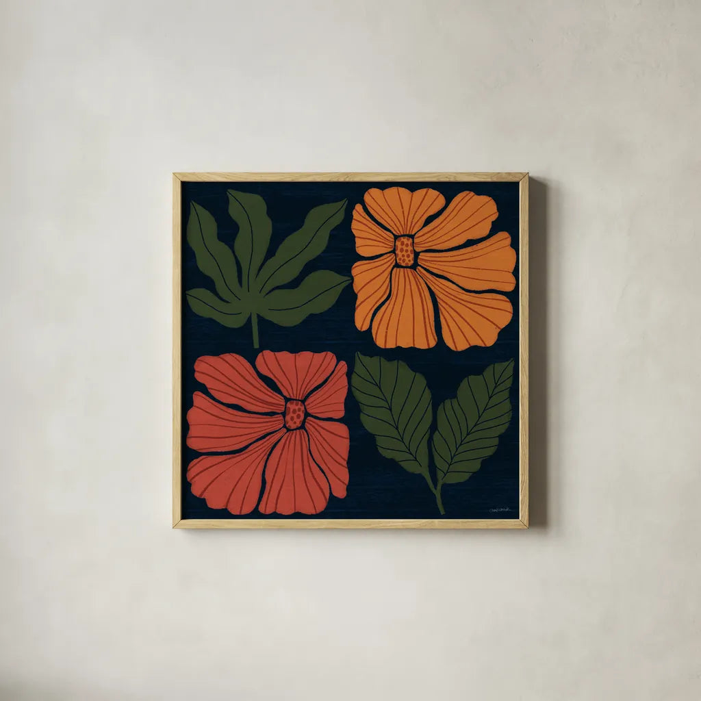 Modern Blooms IV by Cheryl Warrick. Shown in a natural wood glass frame for a timeless modern aesthetic. Available as an archival giclee rolled canvas, fine art paper, or poster print. SKU 102951a.
