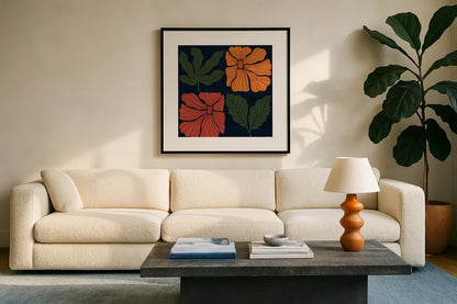 Modern Blooms IV by Cheryl Warrick. Displayed in a glass frame with matte in a clean modern living room. Available as an archival giclee rolled canvas, fine art paper, or poster print. SKU 102951a.