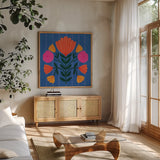 Modern Botanical I by Cheryl Warrick. Shown in a natural wood frame in a cozy modern living room. Available as an archival giclee rolled canvas, fine art paper, or poster print. SKU 103994a.