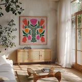Modern Botanical IV by Cheryl Warrick. Shown in a natural wood frame in a cozy modern living room. Available as an archival giclee rolled canvas, fine art paper, or poster print. SKU 103997a.