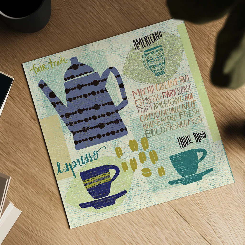 Modern Cafe I by Cheryl Warrick. Shown as a detailed flat fine art print, highlighting archival giclee quality. Available as an archival giclee rolled canvas, fine art paper, or poster print. SKU 37838a.