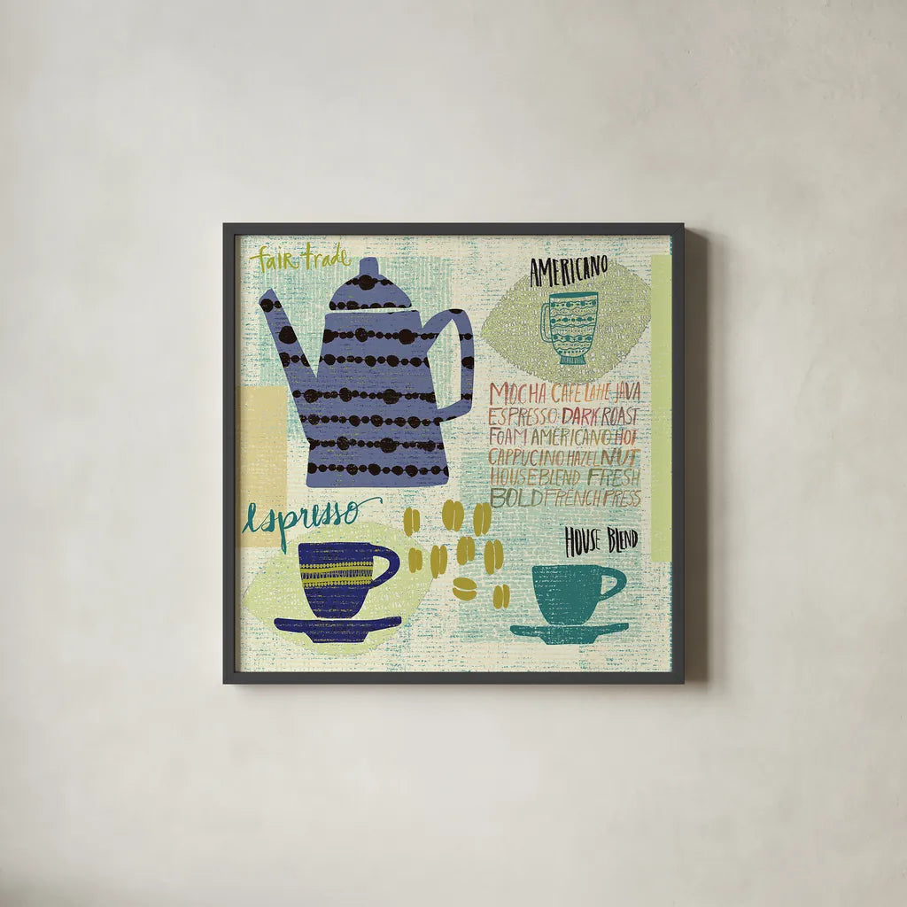 Modern Cafe I by Cheryl Warrick. Shown in a sleek black glass frame for a contemporary gallery look. Available as an archival giclee rolled canvas, fine art paper, or poster print. SKU 37838a.