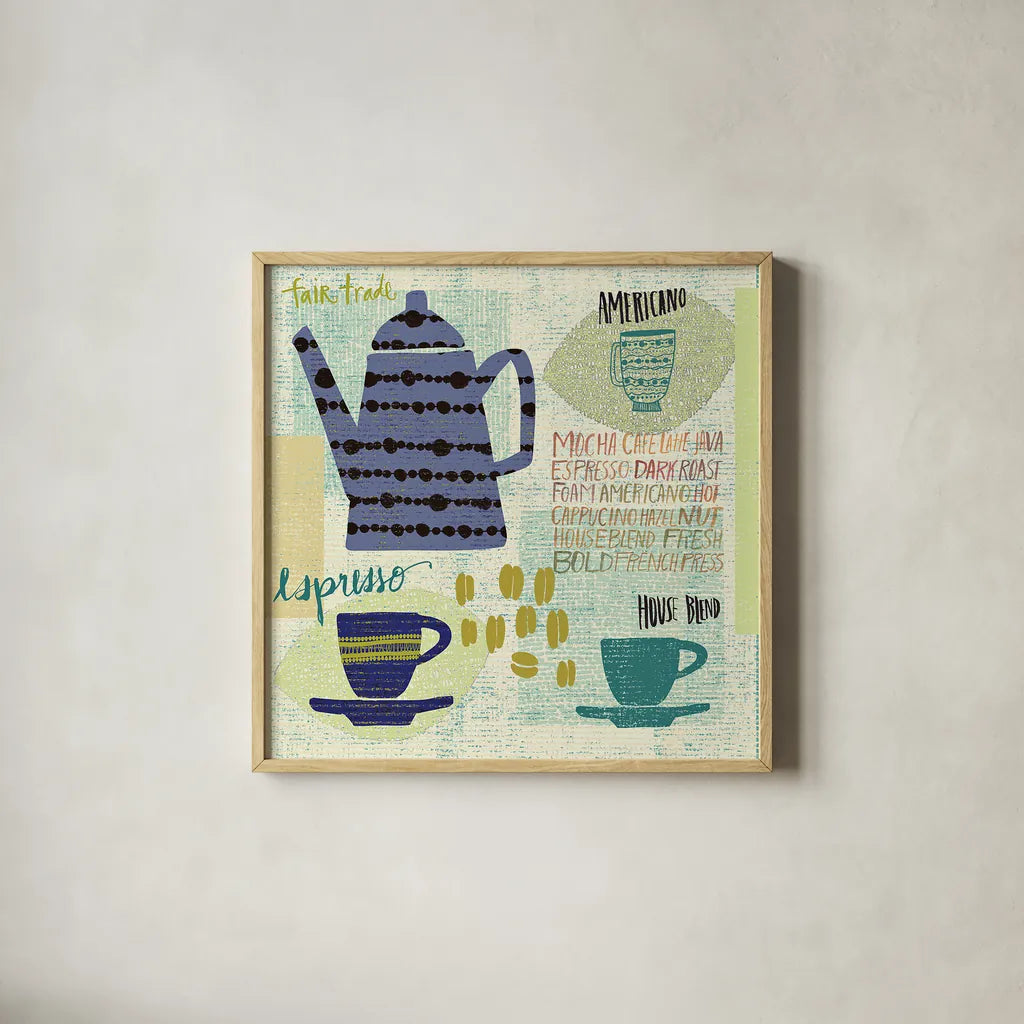 Modern Cafe I by Cheryl Warrick. Shown in a natural wood glass frame for a timeless modern aesthetic. Available as an archival giclee rolled canvas, fine art paper, or poster print. SKU 37838a.