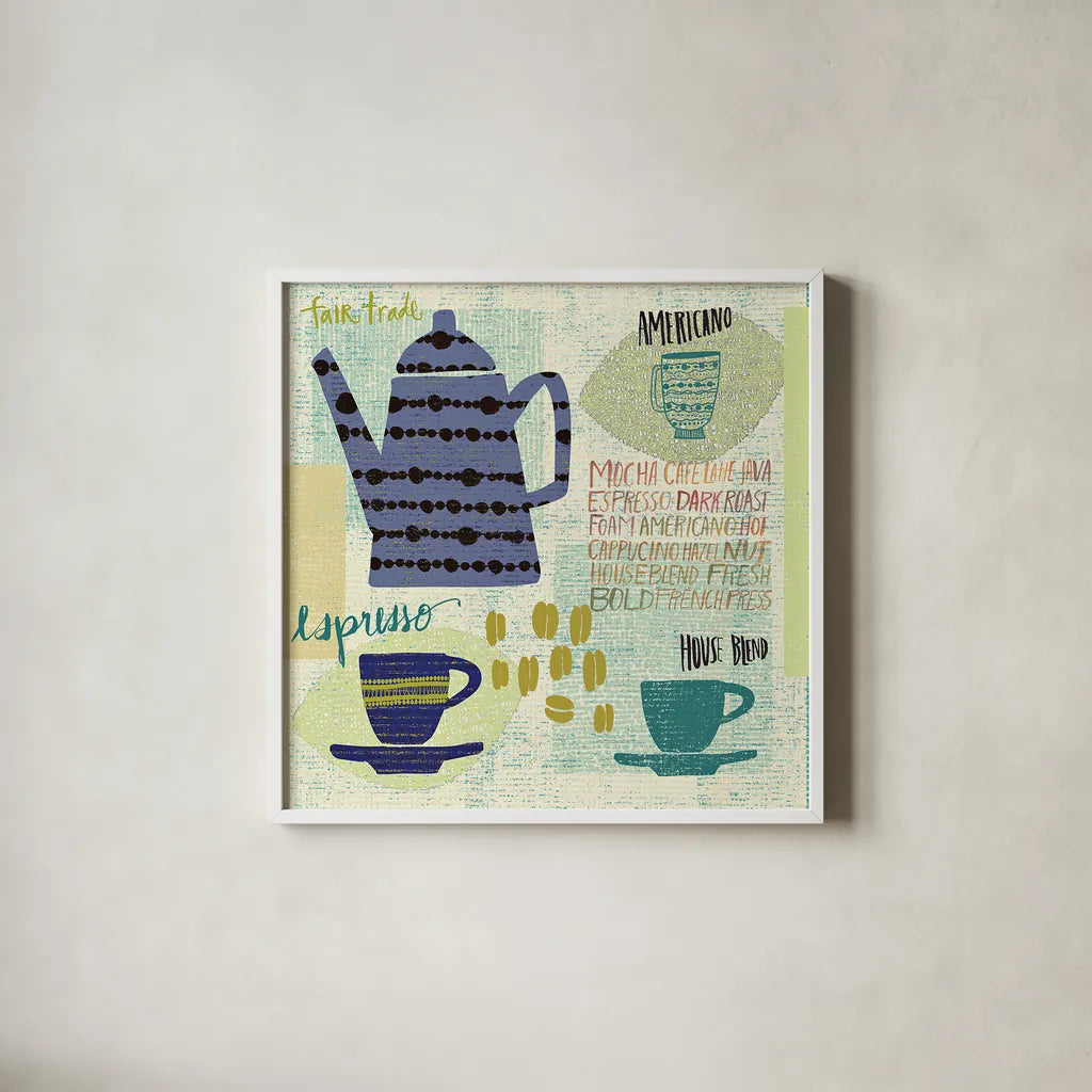 Modern Cafe I by Cheryl Warrick. Shown in a crisp white glass frame for a clean and minimalist style. Available as an archival giclee rolled canvas, fine art paper, or poster print. SKU 37838a.