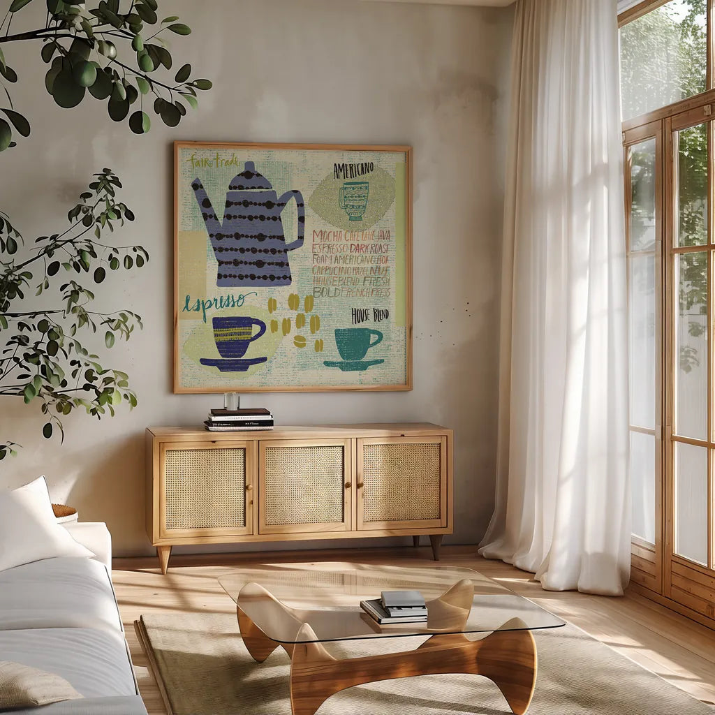 Modern Cafe I by Cheryl Warrick. Shown in a natural wood frame in a cozy modern living room. Available as an archival giclee rolled canvas, fine art paper, or poster print. SKU 37838a.