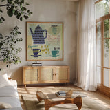 Modern Cafe I by Cheryl Warrick. Shown in a natural wood frame in a cozy modern living room. Available as an archival giclee rolled canvas, fine art paper, or poster print. SKU 37838a.