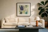 Modern Cafe I by Cheryl Warrick. Displayed in a glass frame with matte in a clean modern living room. Available as an archival giclee rolled canvas, fine art paper, or poster print. SKU 37838a.