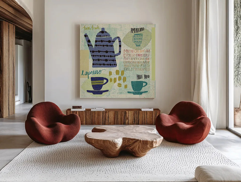 Modern Cafe I by Cheryl Warrick. Shown as extra-large giant wall art in a modern living room. Available as an archival giclee rolled canvas, fine art paper, or poster print. SKU 37838a.