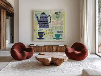 Modern Cafe I by Cheryl Warrick. Shown as extra-large giant wall art in a modern living room. Available as an archival giclee rolled canvas, fine art paper, or poster print. SKU 37838a.