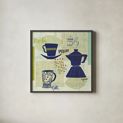 Modern Cafe II by Cheryl Warrick. Shown in a sleek black glass frame for a contemporary gallery look. Available as an archival giclee rolled canvas, fine art paper, or poster print. SKU 37839a.