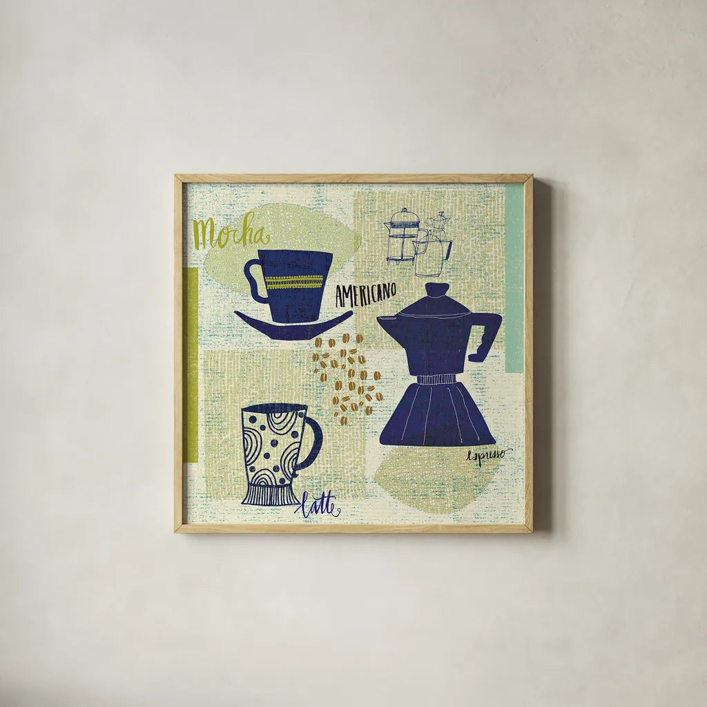 Modern Cafe II by Cheryl Warrick. Shown in a natural wood glass frame for a timeless modern aesthetic. Available as an archival giclee rolled canvas, fine art paper, or poster print. SKU 37839a.
