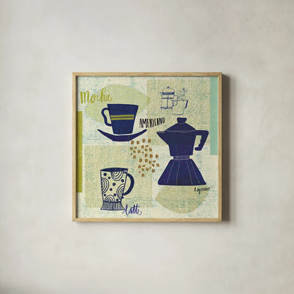 Modern Cafe II by Cheryl Warrick. Shown in a natural wood glass frame for a timeless modern aesthetic. Available as an archival giclee rolled canvas, fine art paper, or poster print. SKU 37839a.