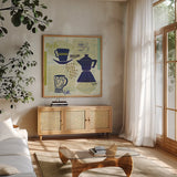Modern Cafe II by Cheryl Warrick. Shown in a natural wood frame in a cozy modern living room. Available as an archival giclee rolled canvas, fine art paper, or poster print. SKU 37839a.