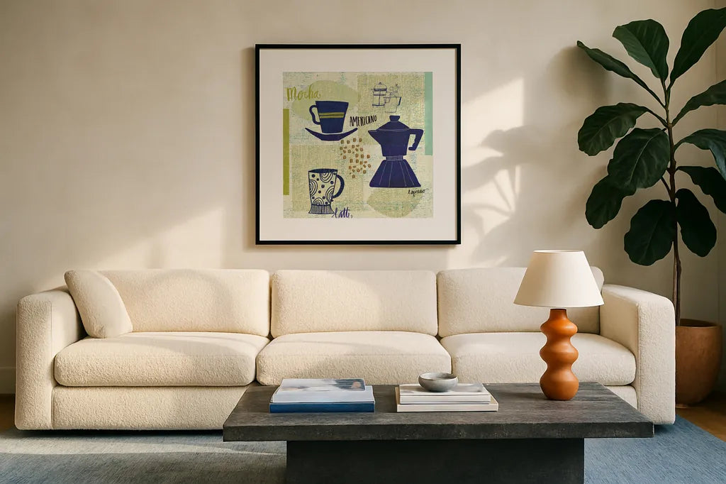 Modern Cafe II by Cheryl Warrick. Displayed in a glass frame with matte in a clean modern living room. Available as an archival giclee rolled canvas, fine art paper, or poster print. SKU 37839a.