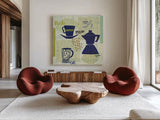 Modern Cafe II by Cheryl Warrick. Shown as extra-large giant wall art in a modern living room. Available as an archival giclee rolled canvas, fine art paper, or poster print. SKU 37839a.