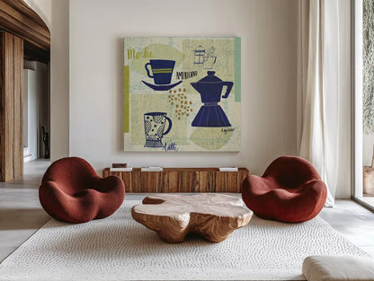 Modern Cafe II by Cheryl Warrick. Shown as extra-large giant wall art in a modern living room. Available as an archival giclee rolled canvas, fine art paper, or poster print. SKU 37839a.